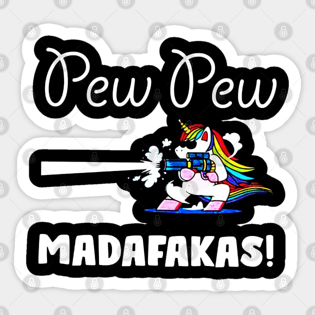 Pew Pew Madafakas Shooting Cool Unicorn In Glasses Sticker by harryq3385